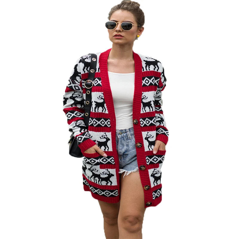 

Wholesale custom fashion knitted manufacturer women Sweater Christmas fawn cardigan mid-length sweater coat