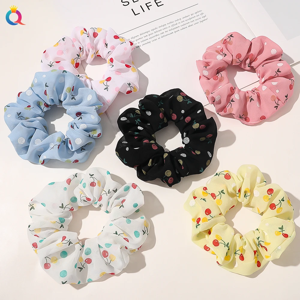 QIYUE  Summer Spring Chiffon Cherry Pattern Hair Scrunchies Sweet Women Elastic Hair Band Tie