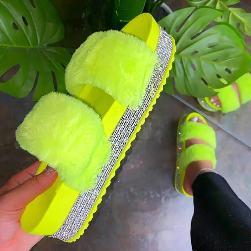 

PDEP summer home fur slippers rhinestone fur sandals slides slippers diamond blingbling platform outdoors ladies sandals, Black,pink,green