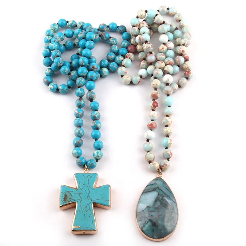 

Fashion Lariat 8MM Blue Empire Stone Necklace turquoise Cross Pendant Necklace, Picture shows