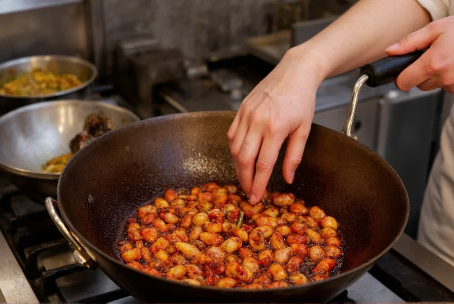 Chef preparing traditional Sichuan dish with wok, showing the characteristic red oil and visible Sichuan peppercorns
