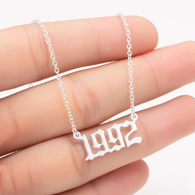 

1980-2020 Wholesale Gold Silver Plated Women Girl Old English Pendant Stainless Steel Birth Number Year Necklace Jewelry, Silver & gold color