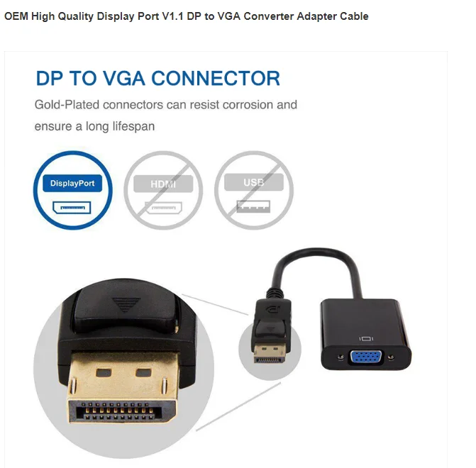 made in china OEM High Quality Display Port V1.1 DP to VGA Converter Adapter Cable Computer PC to Videos Display Extension cord - ANKUX.COM
