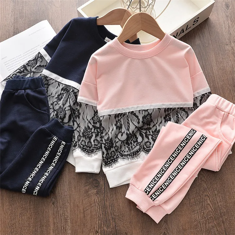 

Girls' Clothing Sets Pullover Lace Design+Sweatpants with Letter 2Pcs Spring Fall Kids Clothes Children Clothes Girls for 3-8Yrs, Navy/pink