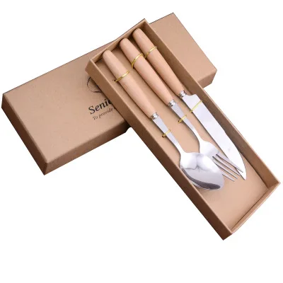 

Wholesale Stainless Steel Wooden Cutlery Set With Box Wood Handle Flatware, Silver