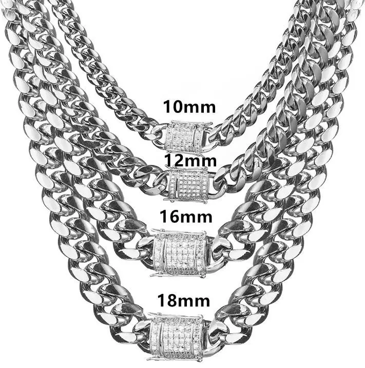 

Heavy Miami sliver necklaces Stainless Steel Cuban Link Chains Zircon Chain Necklace For Men 8-18mm, Sliver color