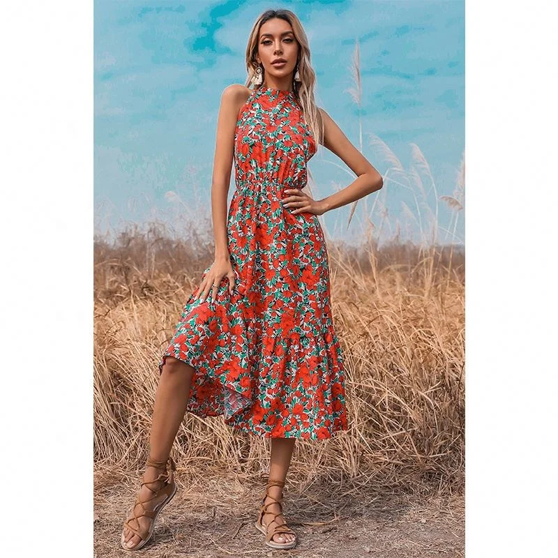 

New Sexy Hot Style Women High Waist Open Back Long Skirt Printed Suspender Dress