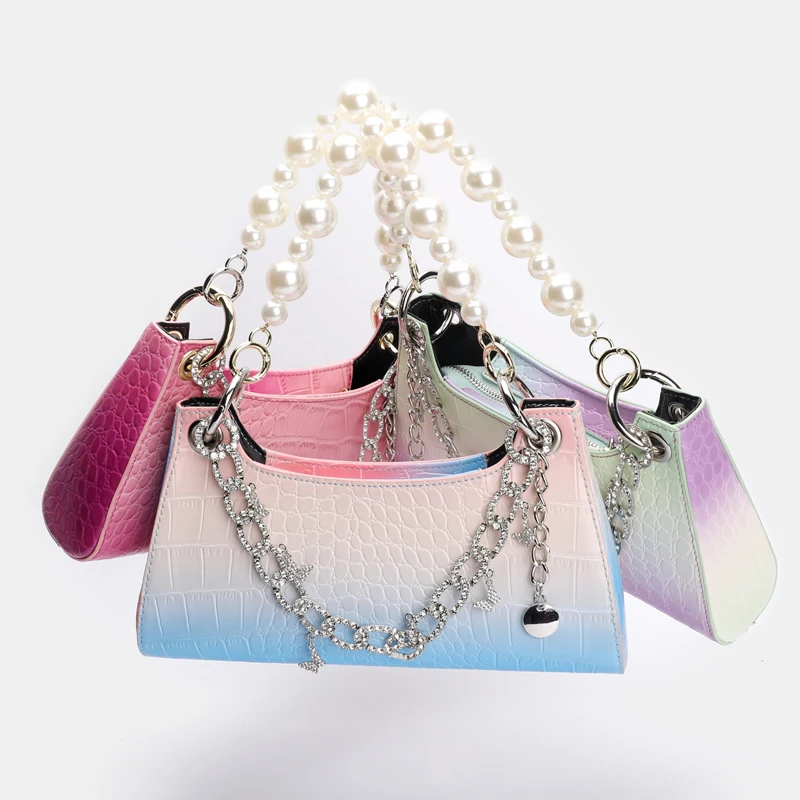 

2021 New Fashional Design Rhinestone Chain Leather Hand Bags Women Sling Shoulder Bag Ladies Purse and Handbags, Gradient green,gradient pink,rose red or customized color