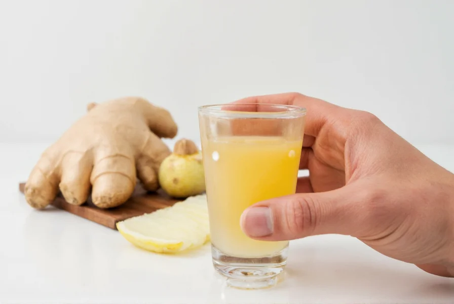 Person taking ginger shot from small glass with fresh ginger root in background