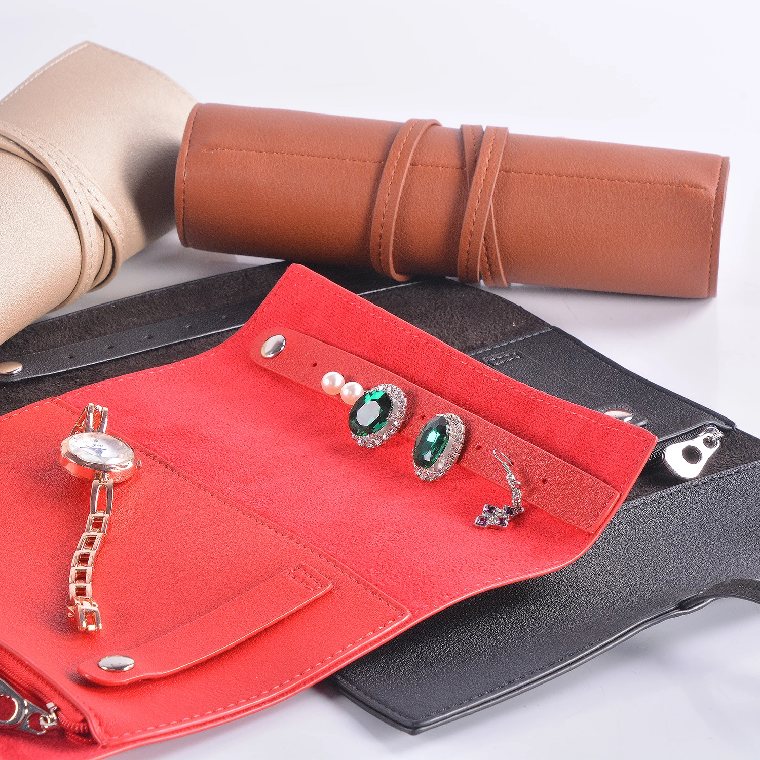 Leather Travel Jewelry Organizer Roll Case For Women Portable Necklaces