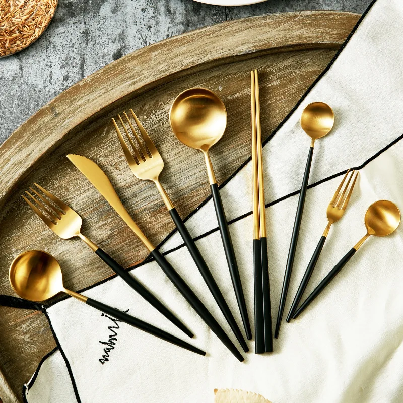 

Round handle Portugal knife, fork and spoon Nordic home style 304Black gold set stainless steel tableware