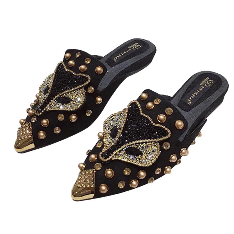 

Women's Flats Shoes Half Slippers Spring 2018 Fox Rhinestone Mules Shoes Female Flats Casual Footwear Rivet Flat Slides