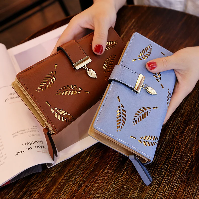 

2021 Fashion Design Wallet Women Long Gold Plated Leaf Decoration Wallet Hollow Out Ladies Hand Pouch Card Holder, Customized color