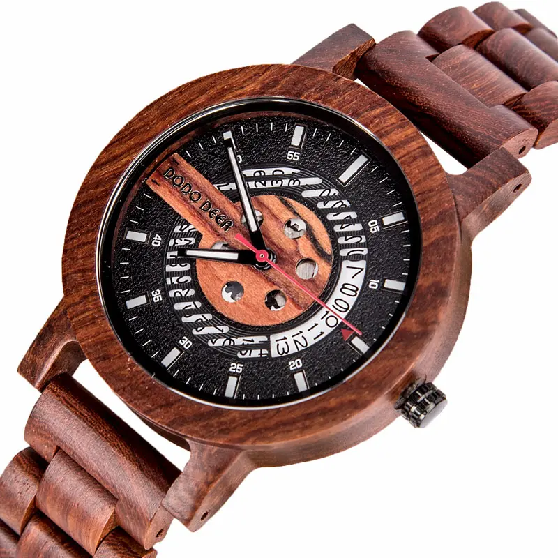 

DODO DEER Mens Engraved Wooden Lightweight Casual Wrist Watches Personalized Red Sandalwood Bracelet Wood Wristwatch