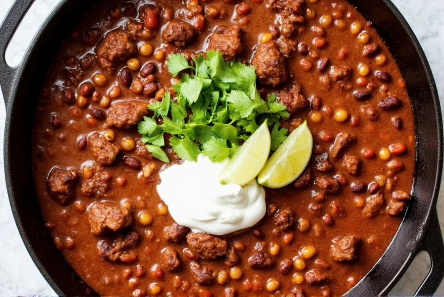 Finished beef steak chili in cast iron pot with toppings like sour cream, cilantro, and lime wedges