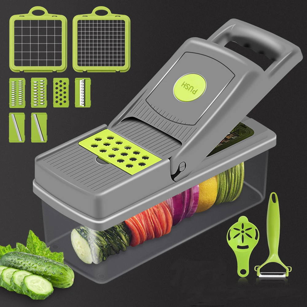 

12 In 1 Hand Operated Vegetable Mandoline Slicer Onion Chopper Dice Cutter Manual Multi-Function Food Chopper, Green