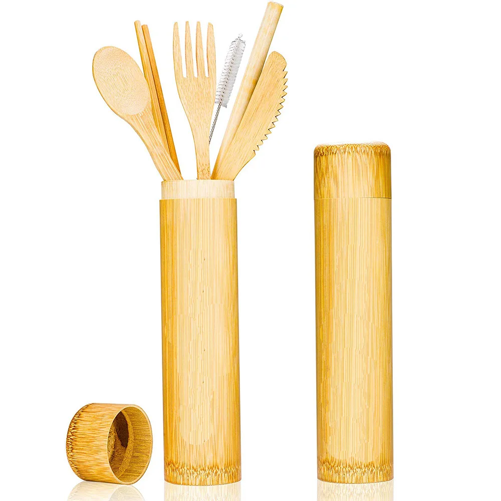 

Wholesale hot selling eco friendly adults kids wooden travel natural bamboo knife fork spoon cutlery set with bag case, Bamboo pulp color