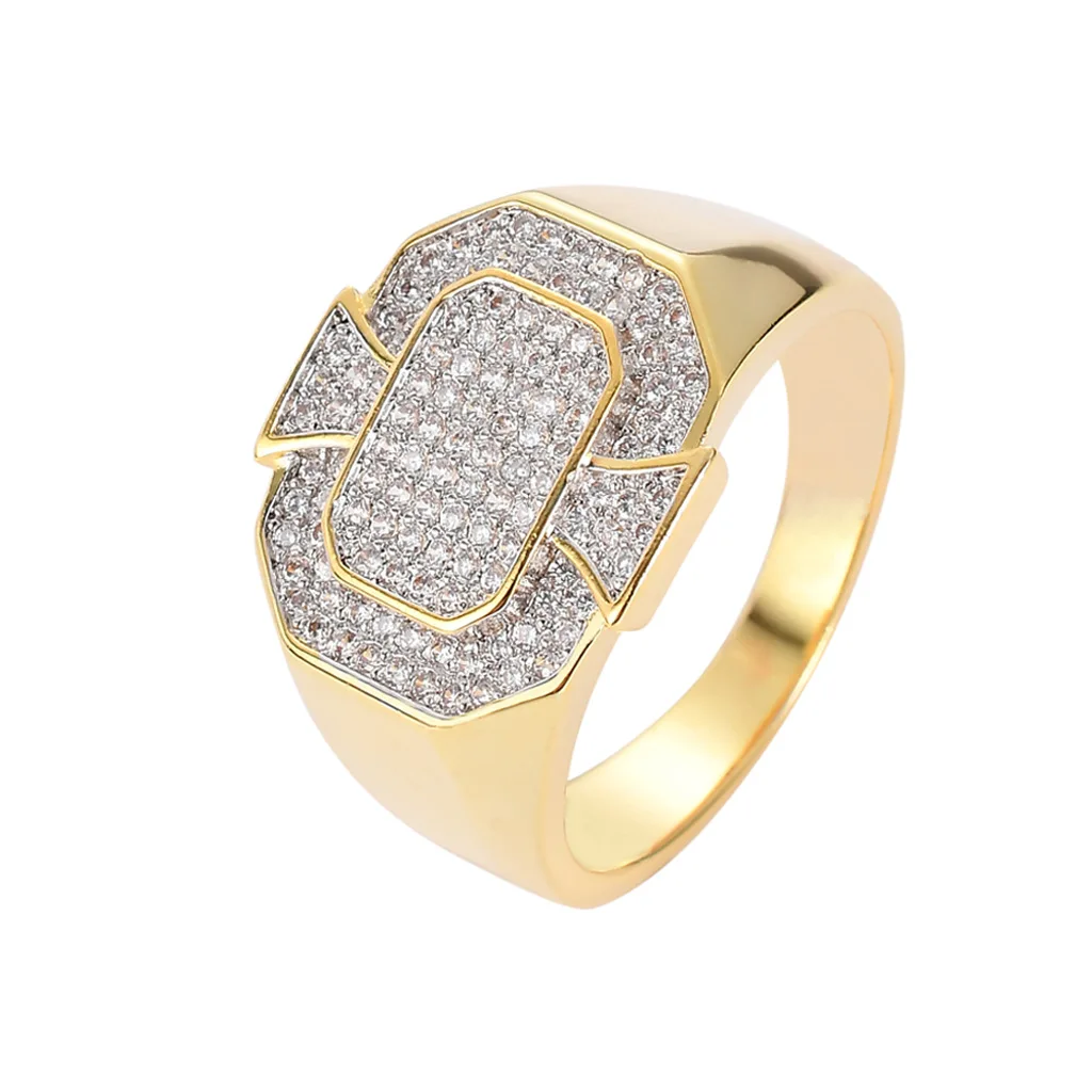 

European New Style Zircon Rings Hip Hops Glitter Gold Plated Micro Pave Cubic Zirconia Geometric Rings For Men