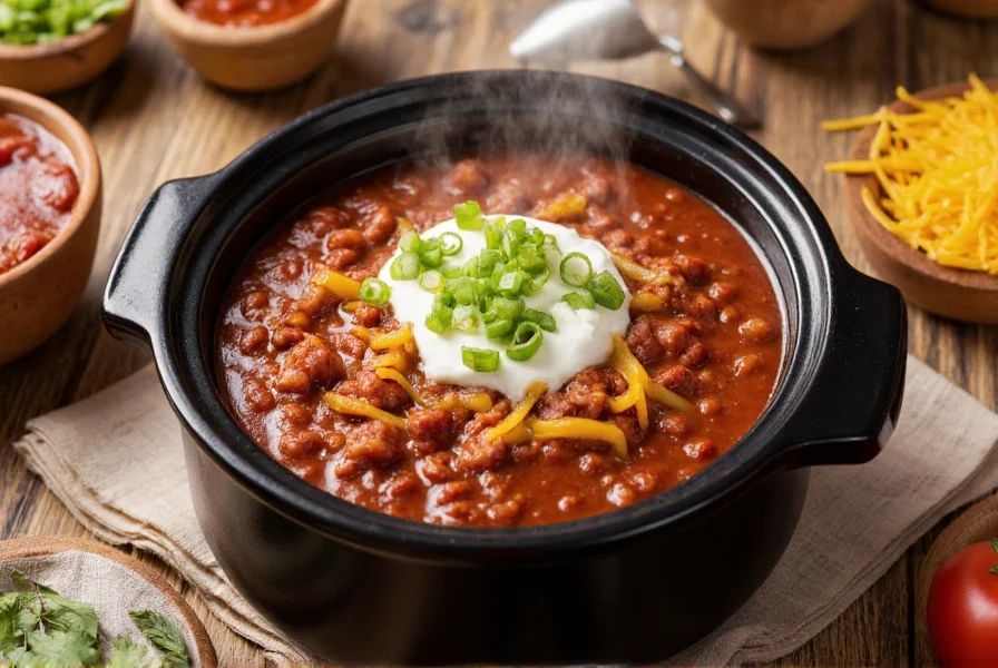 Slow cooker filled with rich red chili, steam rising, surrounded by fresh toppings like sour cream, shredded cheese, and green onions