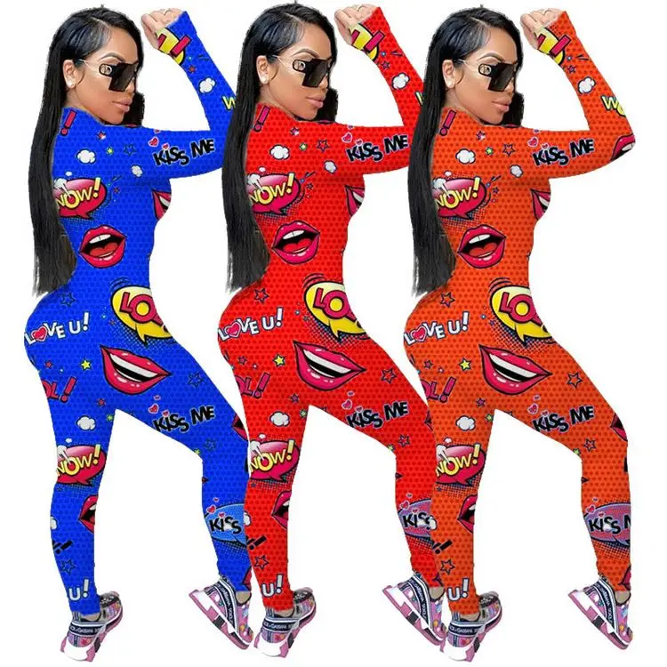 

2020 Fall Women Clothing Cartoon Ladies Long Sleeve One Piece Bodycon Jumpsuits
