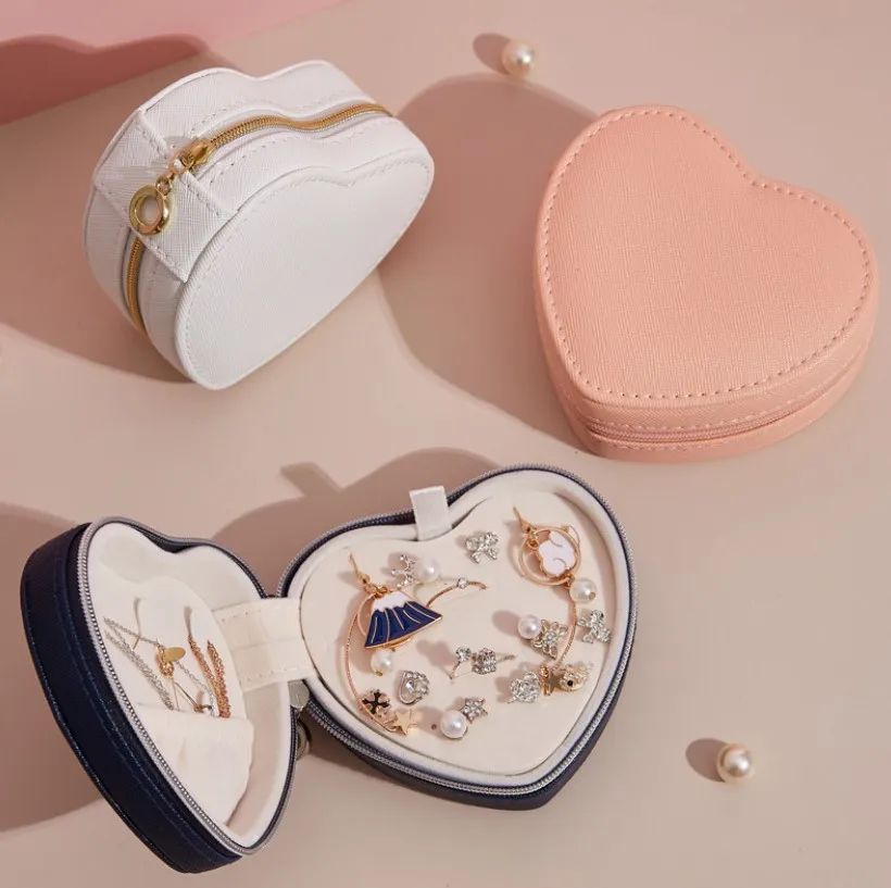 

Jewelry Box, PU Leather Small Portable Travel Case, Heart Shape Organizer Display Storage Holder Box with mirror for Rings