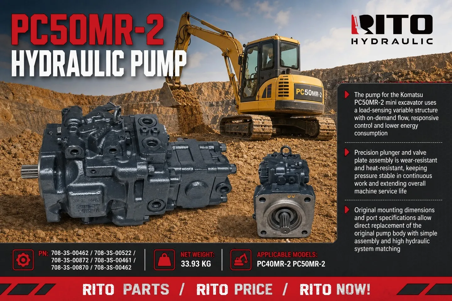 Komatsu PC40MR-2 / PC50MR-2 Hydraulic Pump Assembly (708-3S-00462) - RITO HYDRAULIC
