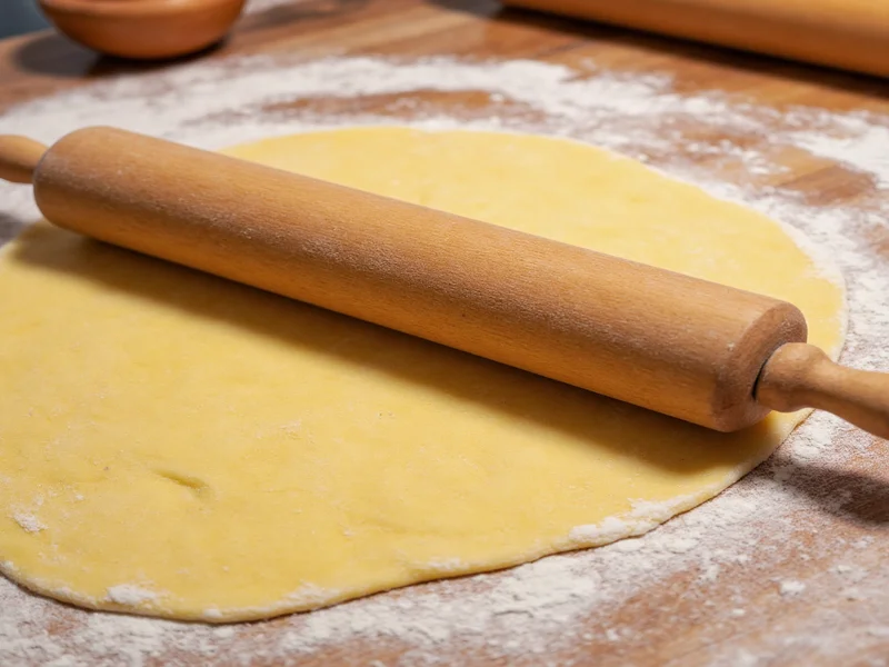 Pasta dough being rolled with wooden rolling pin on floured surface
