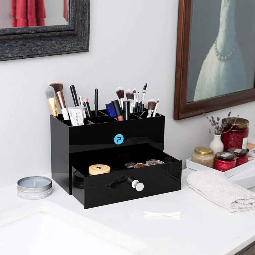 

Lipstick eyelash brush rose gold large holder cosmetic storage clear/black acrylic makeup organizer with drawer, Customized color