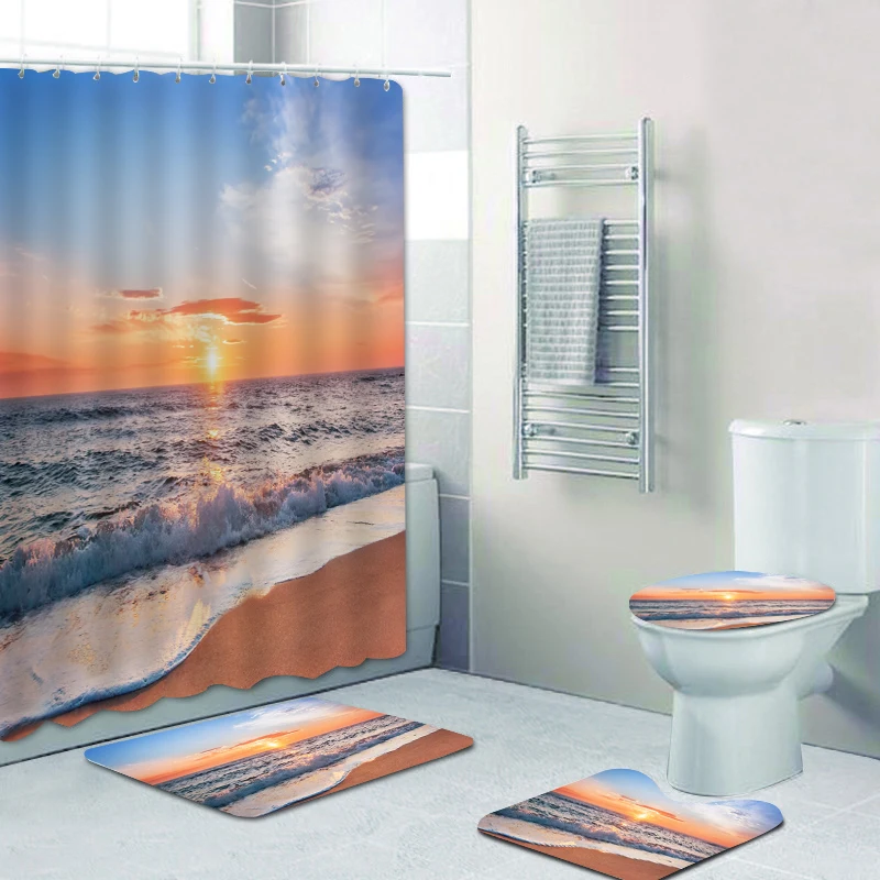 

180x180cm customizable simple beach sunset partition bathtub shower curtain bathroom non-slip floor mat four-piece toilet set, Picture