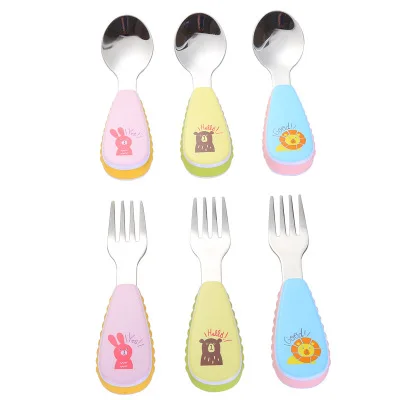 

Pattern Cutlery Set Kids Baby Spoon and Fork Set Stainless Steel Creative Cute Cartoon Flatware Sets Tablewear, Green, pink, blue