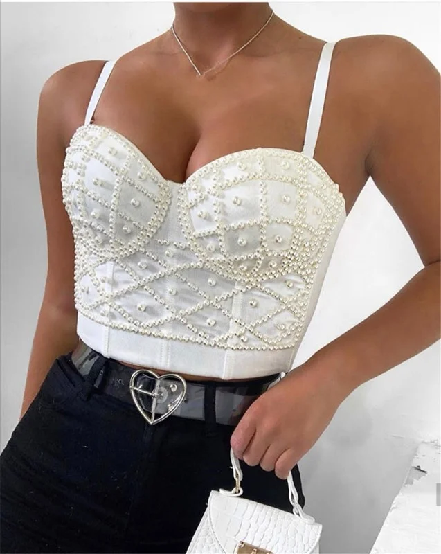 

B14345A high quality women beaded pearl crop Tops, Customized color