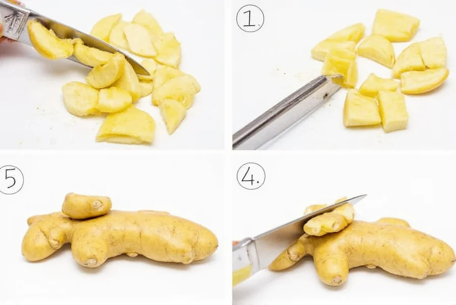 Step-by-step visual guide showing how to peel, slice, and mince fresh ginger root using common kitchen tools