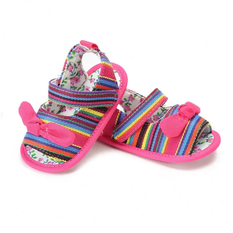 

Factory Sale New rainbow striped designer anti-slip comfortable breathable 0-1 years baby summer sandals 2021, Rose red