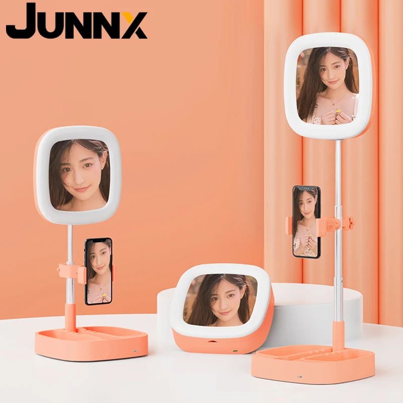 

JUNNX Mobile Phone Stand Selfie Make UP LED Ring Light Foldable Fill Light Beauty Mirror Ringlight for Live Broadcast Streaming, Black/ white/ pink