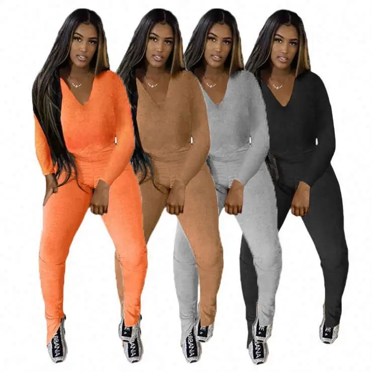 

2020 Fashion Women Fall Clothing Sexy V Neck Solid Color Slit 2 Piece Set Tracksuits Set Sweatsuit