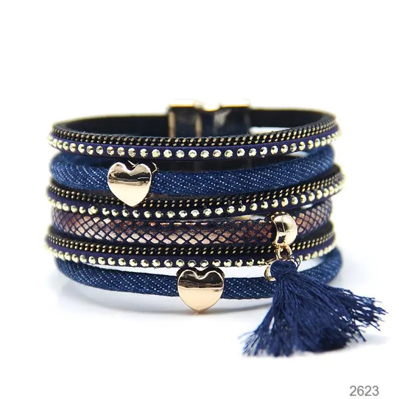 

Bohemia Fashion Multi Layer Denim Leather Wrap Bracelet Magnetic Clasp Leather Tassel Bracelet