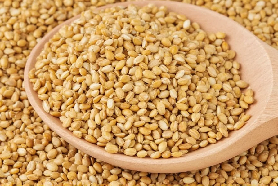Close-up view of golden-brown fenugreek seeds scattered on wooden table with measuring spoon