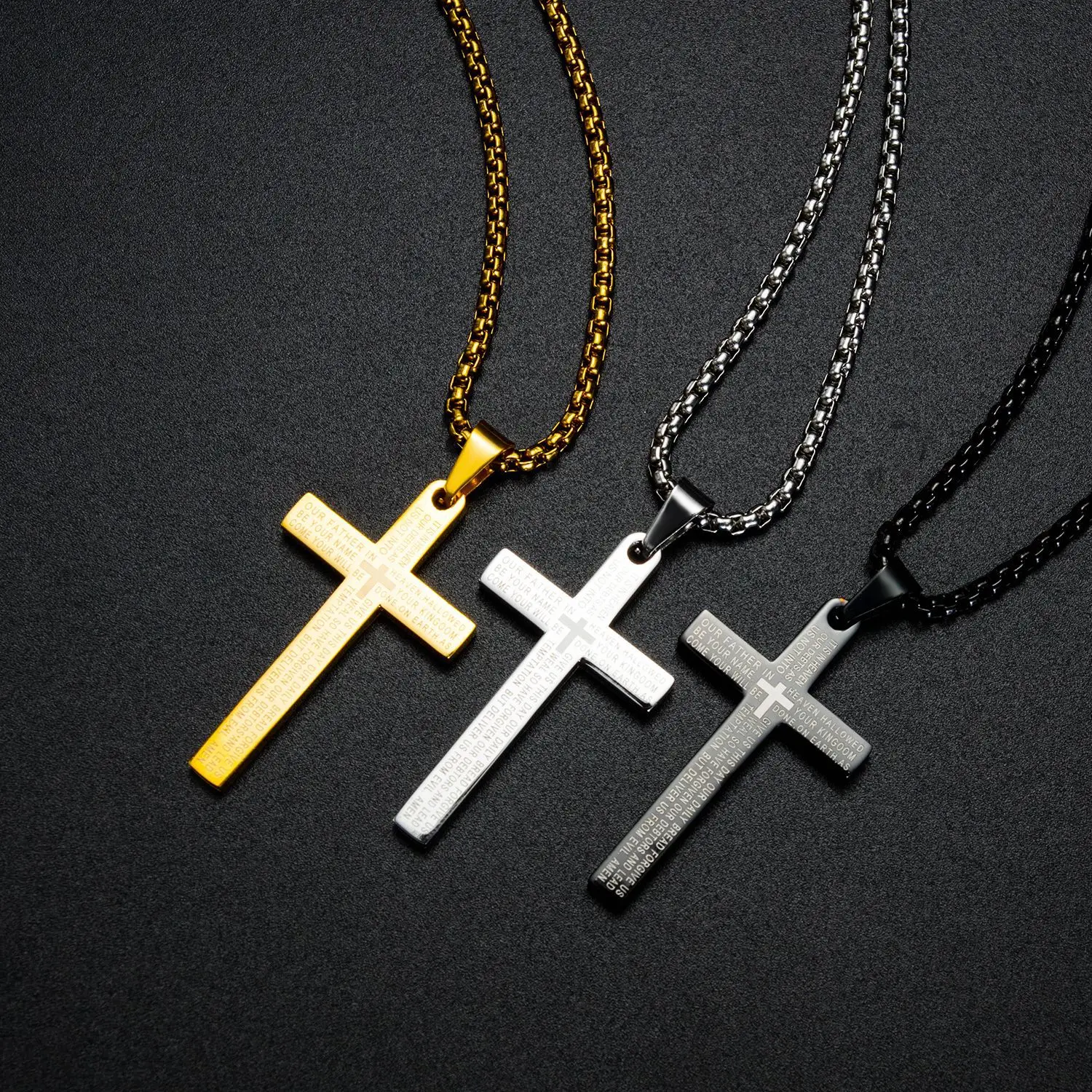 

European and American retro classic hip-hop titanium steel men's necklace cross pendant necklace pendant chain necklace, 3 colors available