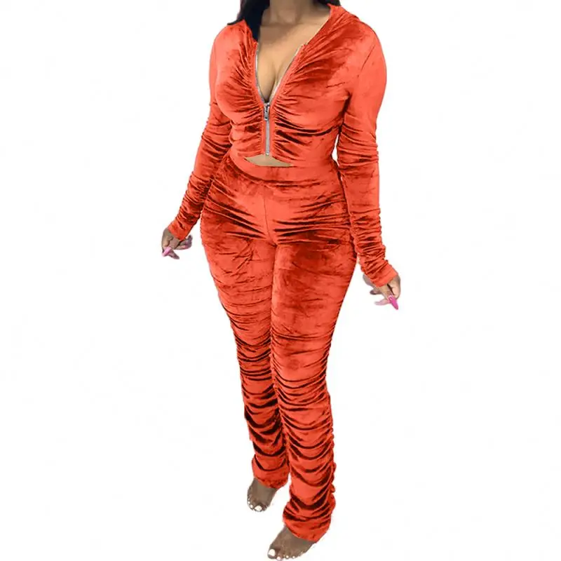 

Sexy Outfits Women Solid Color Velour Women Tracksuits Stacked Pants Hoodie Set Women, Picture