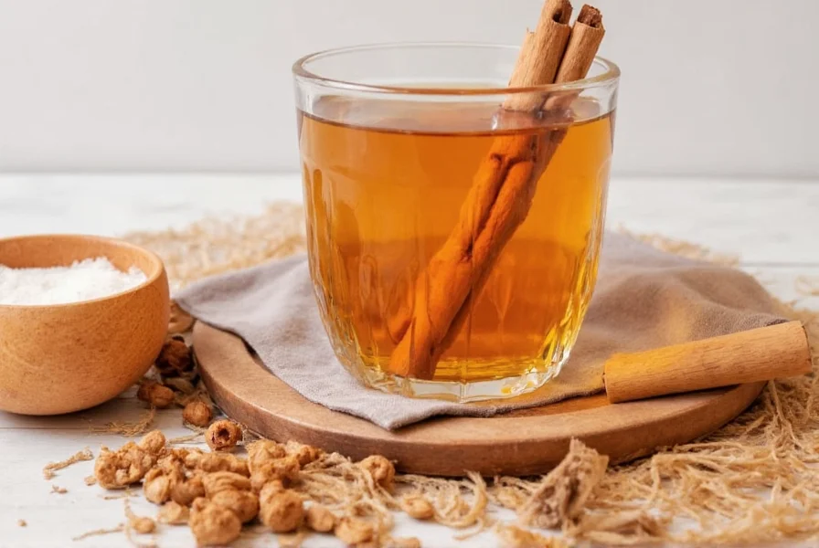 Proper preparation of ACV with cinnamon drink in a glass with measuring spoons showing correct ratios