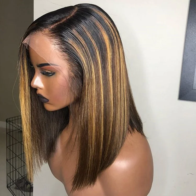 

Straight Human Wigs Bob Cut Human Full Lace Glueless Wig With Baby Hair Short Wigs With Blonde Highlights