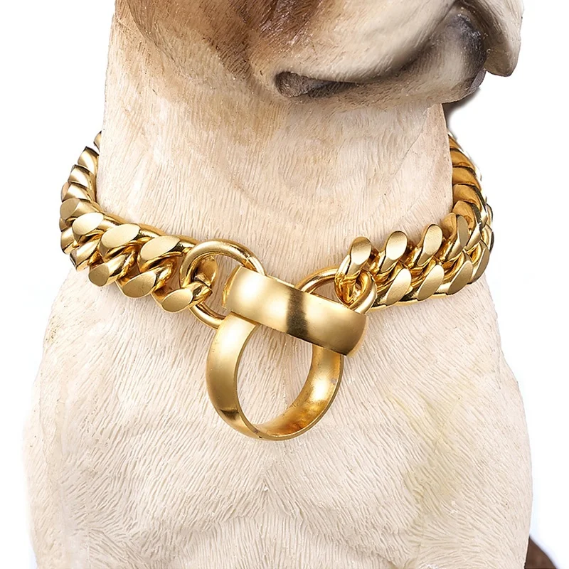 

Fashion Luxury 14MM Decorative Dog Cuban Chain Rose Gold Collar Reflective Stainless Steel Golden Dog Necklace Collar, Gold/silver