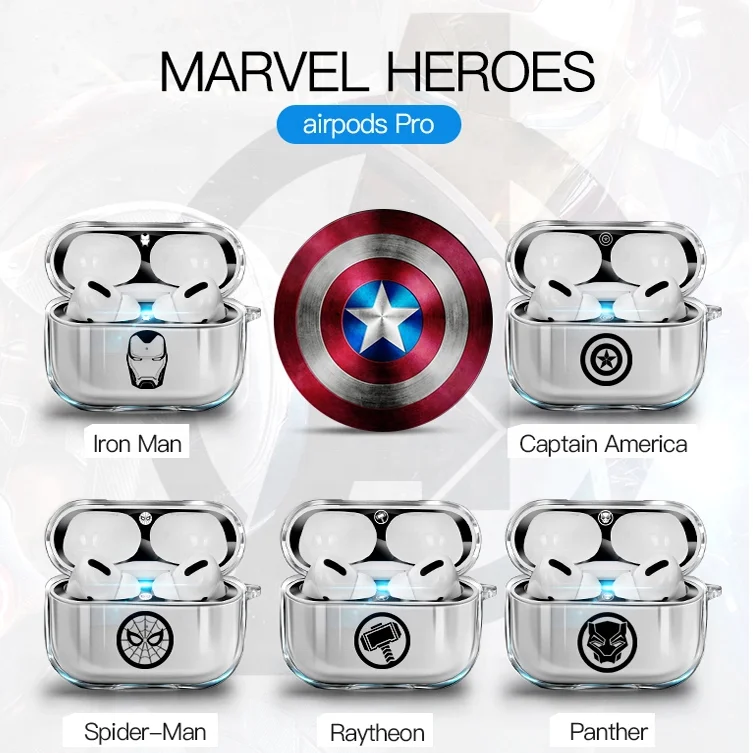 

Custom printed super hero air pods cover case with metal hook;strong protector cover air pods earphone marvel case, Lucency