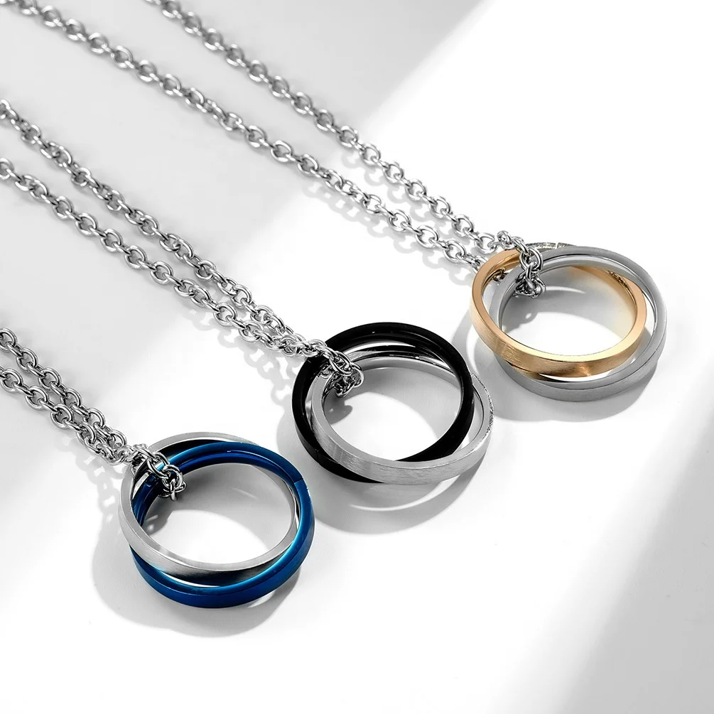 

Trendy Brushed Matte Titanium Steel Double Rings Pendant Men's and Women's Necklace