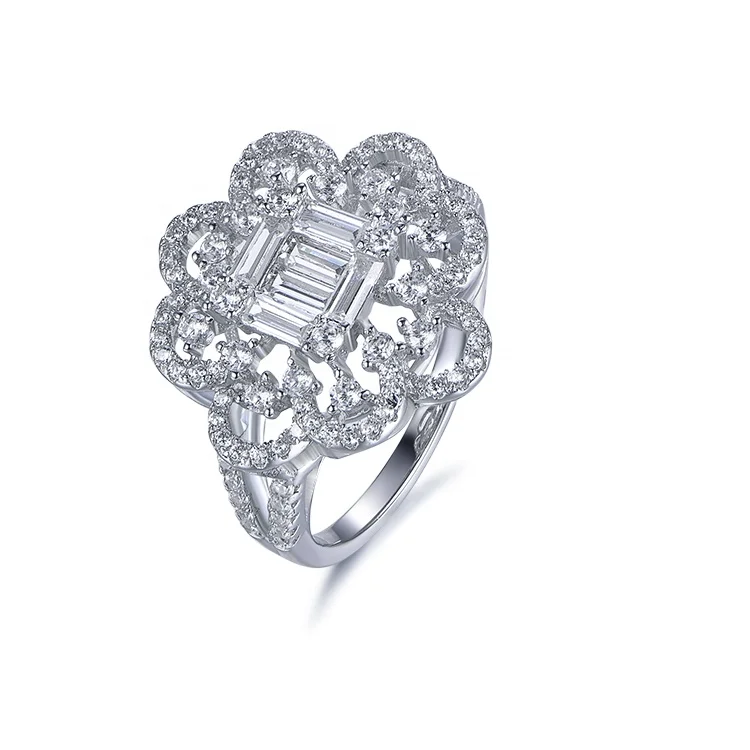 

New Arrival Retro White Gold Plated Simple Pave Setting Cubic Zirconia Flower Ring