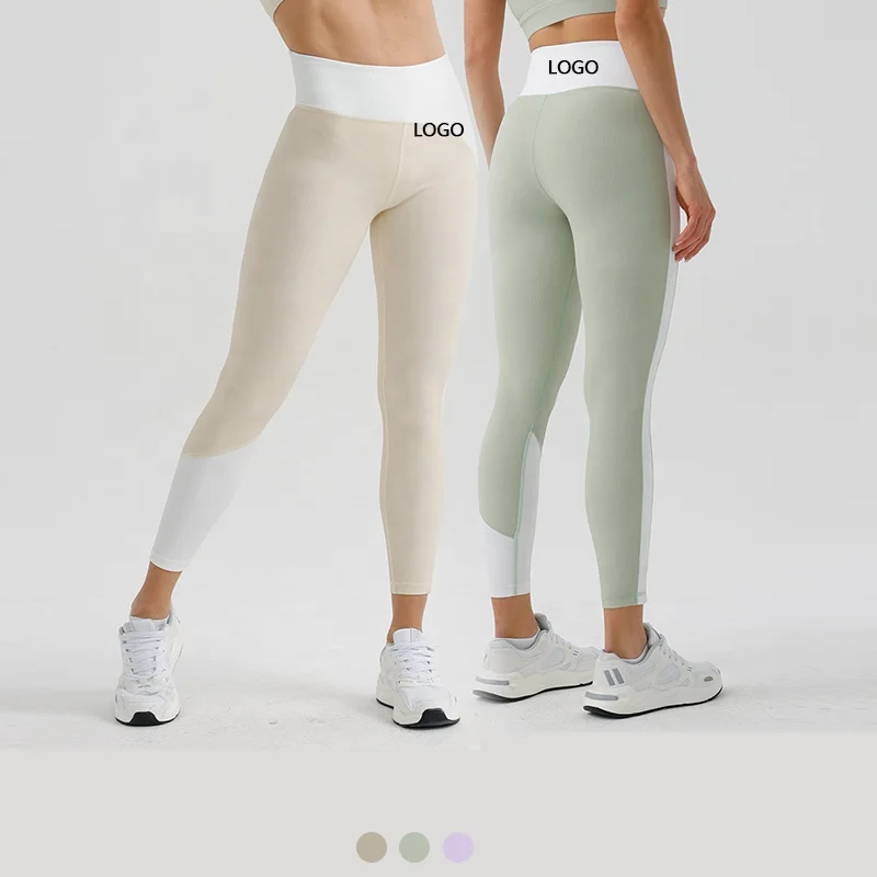 

XW-25P011 Ribbed Tummy Control High Waist Sport Tights Pants Slim Fit Color Blocked Fitness Workout Yoga Leggings For Women