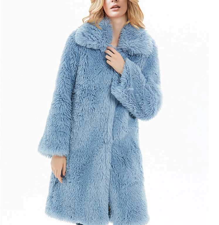 

Chinese clothing factory winter women ladies long style loose faux fur light blue coat