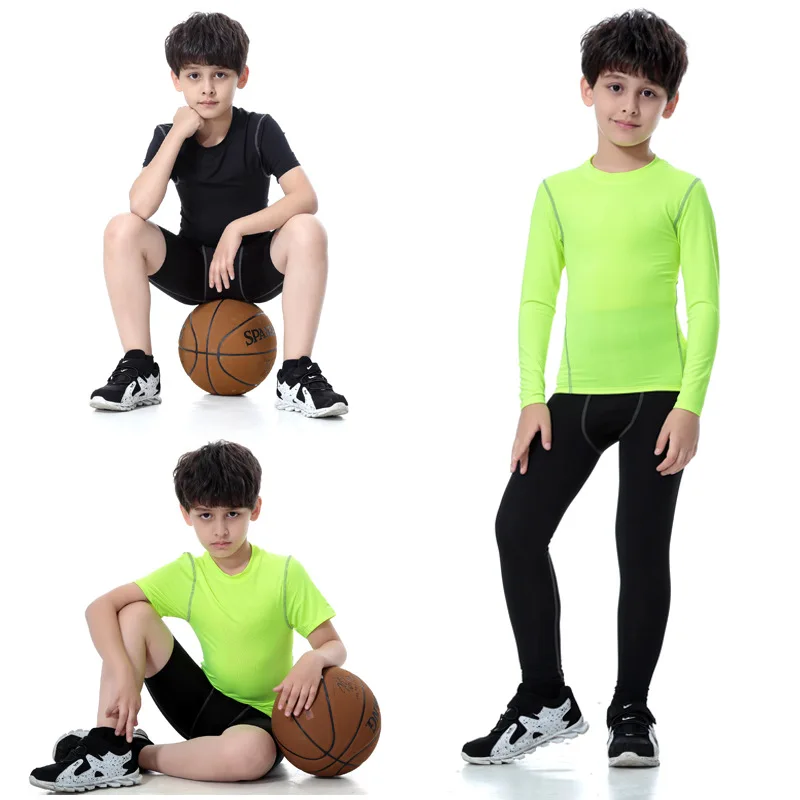 

Custom Kids Boys Girls Long Short Sleeve Thick Spandex Sports Fitness Training Running Shorts Tights and Tops Gym Wear Set, Customized colors