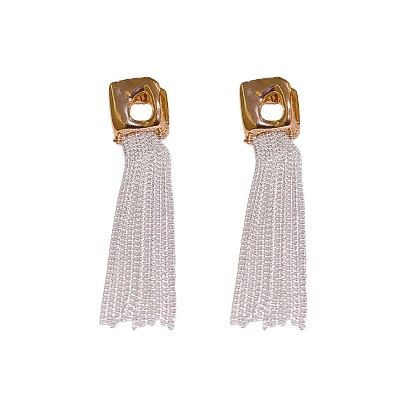 

Fashion 925 Sterling Silver Post Metal Tassel Earring Gold Plated Square Long Tassel Earrings Women