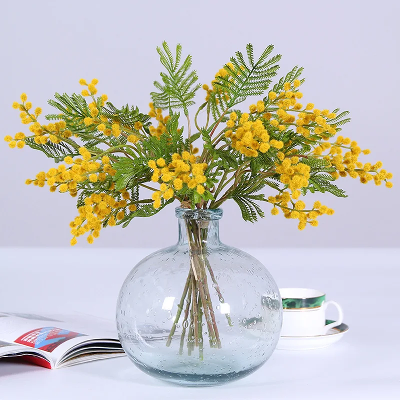 

6PCS/bunch Artificial Acacia Bean Plant Yellow Mimosa Plush Pudica Spray Cherry Silk Fake Flower For Home Wedding Decoration